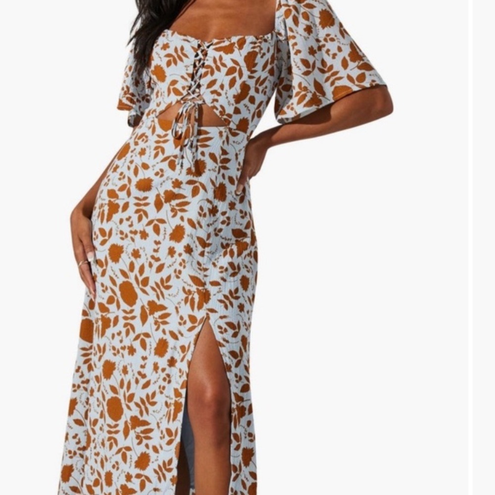 ASTR Floral Print Midi Dress with Side Slit